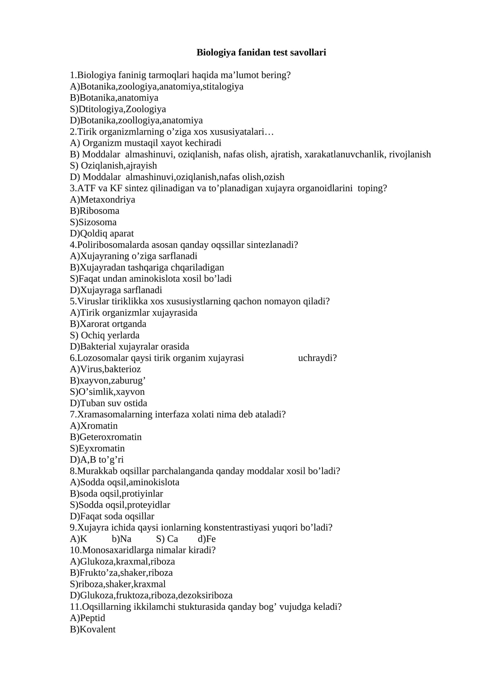 Biologiya fanidan 50 ta test savollari javoblari bilan. 1