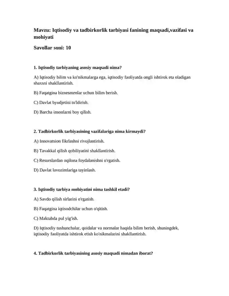 Iqtisodiy va tadbirkorlik tarbiyasi fanining maqsadi,vazifasi va mohiyati