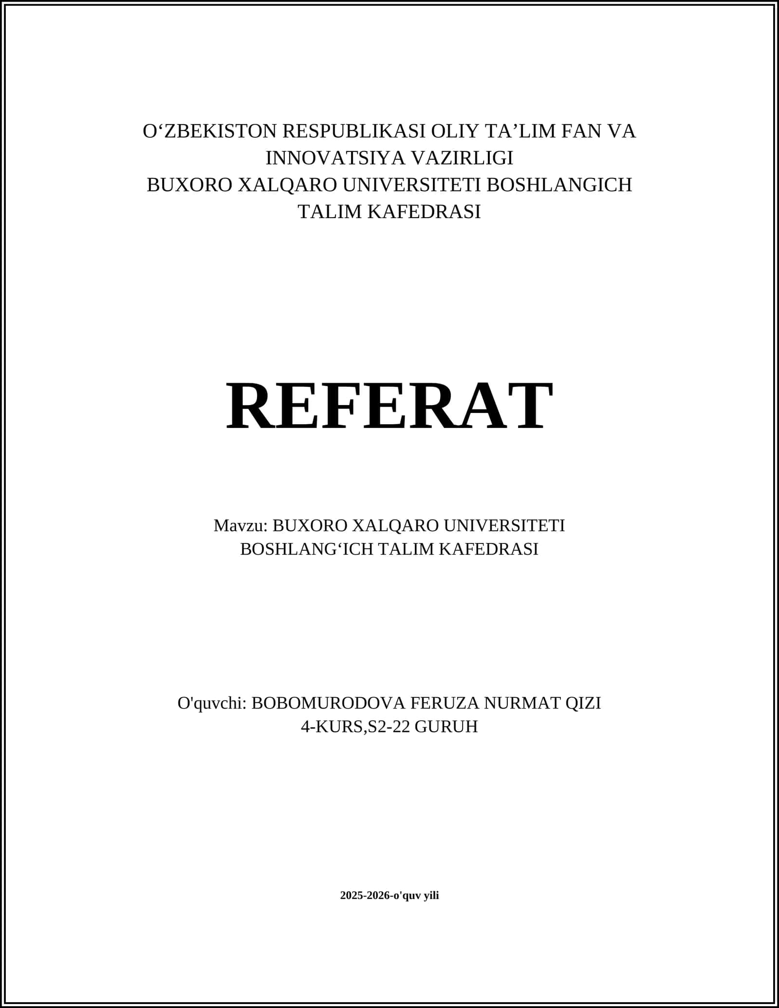 BUXORO XALQARO UNIVERSITETI BOSHLANG'ICH TALIM KAFEDRASI 1
