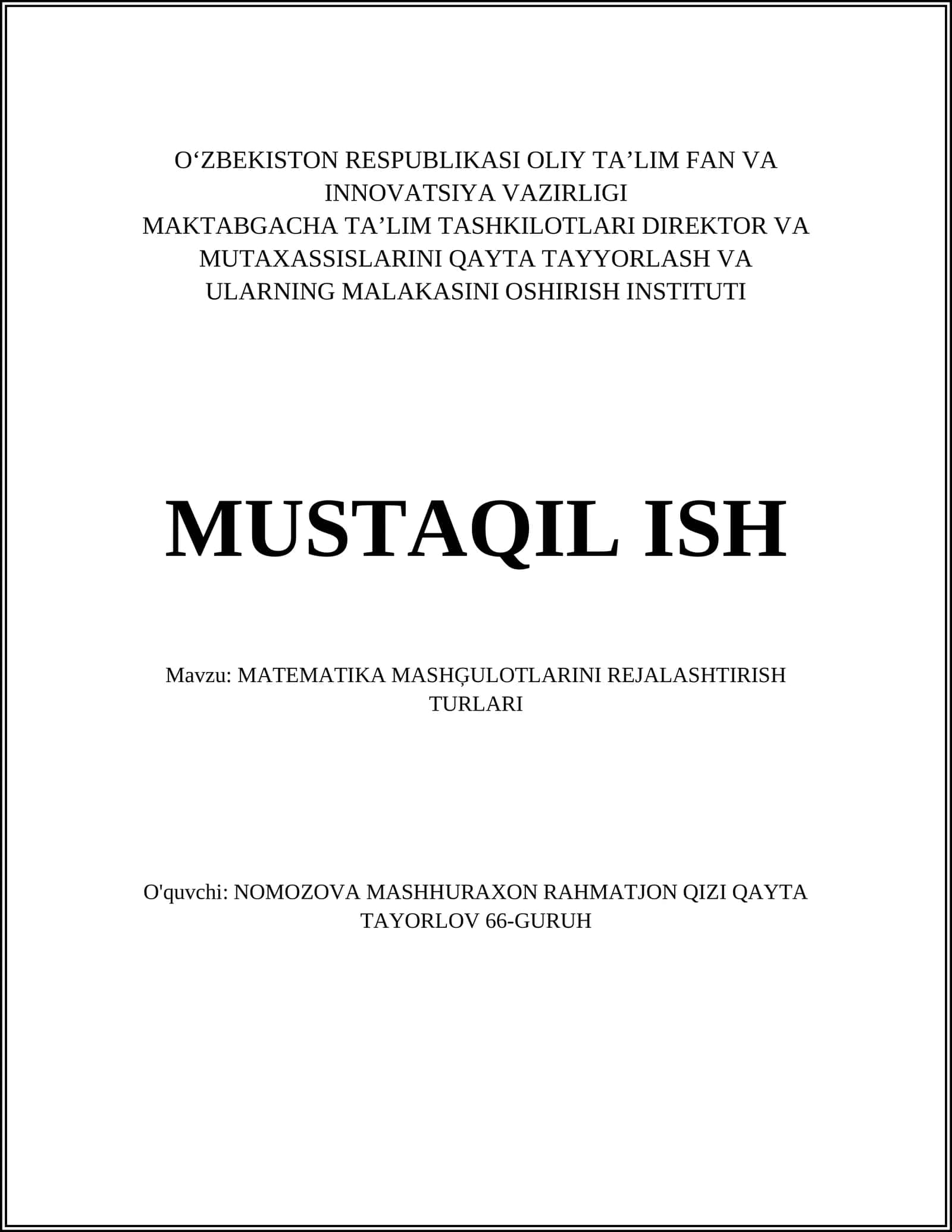 MATEMATIKA MASHĢULOTLARINI REJALASHTIRISH TURLARI 1
