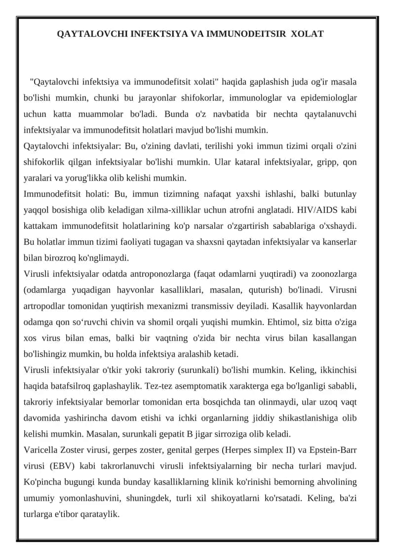 Qaytalovchi infektsiya va immunodefitsir xolat 1