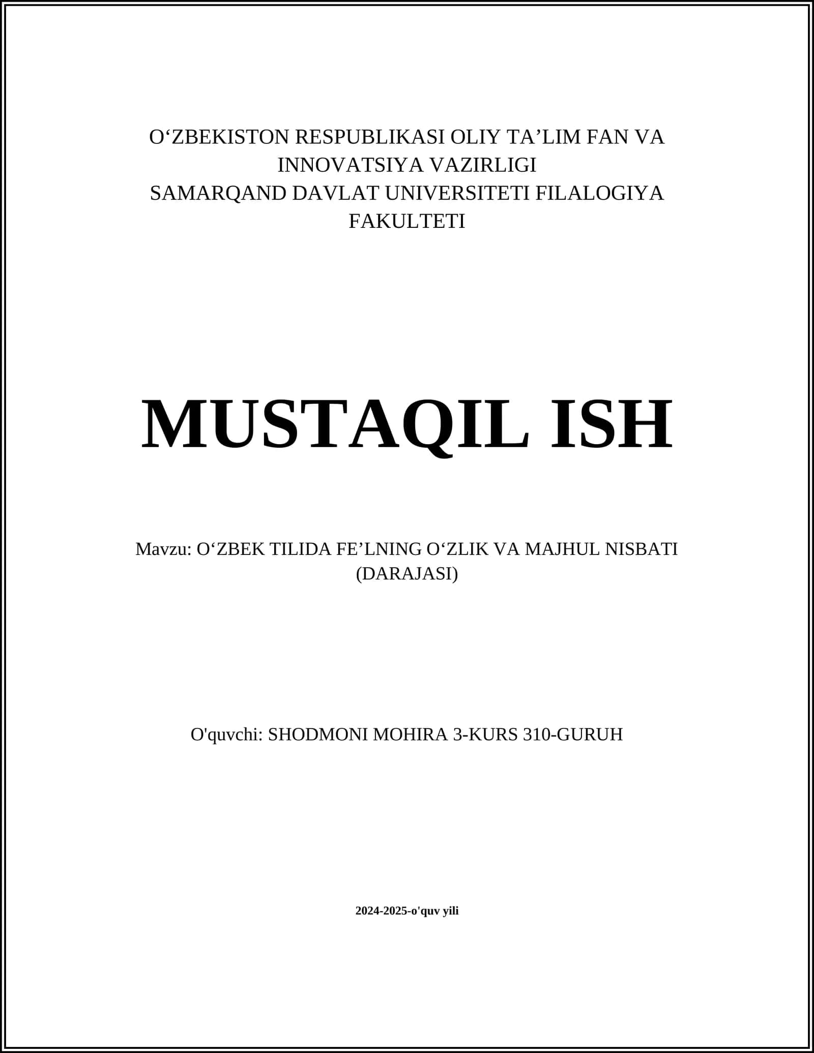 O‘ZBEK TILIDA FEʼLNING OʻZLIK VA MAJHUL NISBATI (DARAJASI) 1