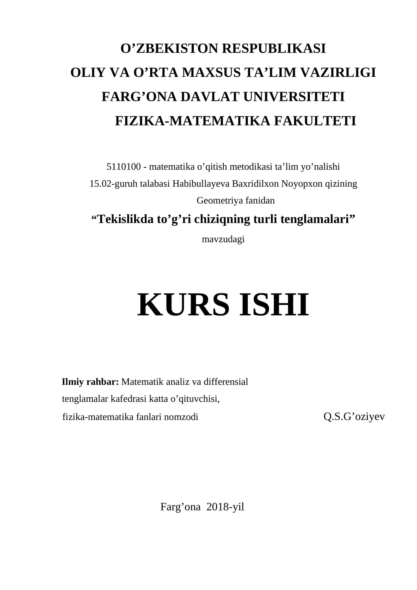 Matematika o’qitish metodikasi ta’lim yo’nalishi KURS ISHI 1