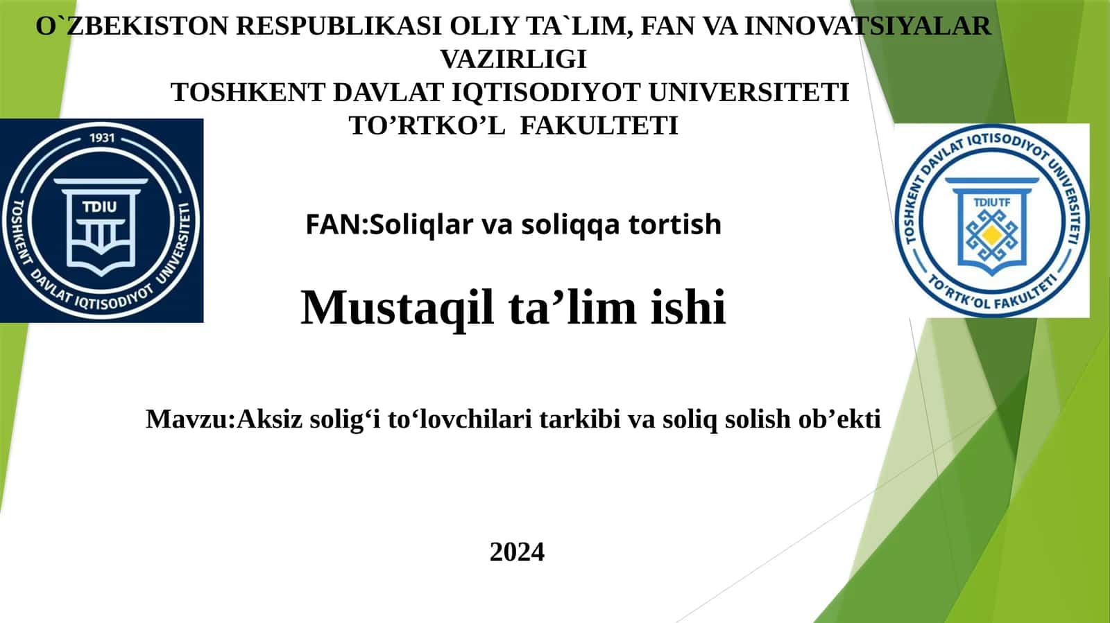 Mavzu: Aksiz soligʻi toʻlovchilar tarkibi va soliq solish ob'ekti 1