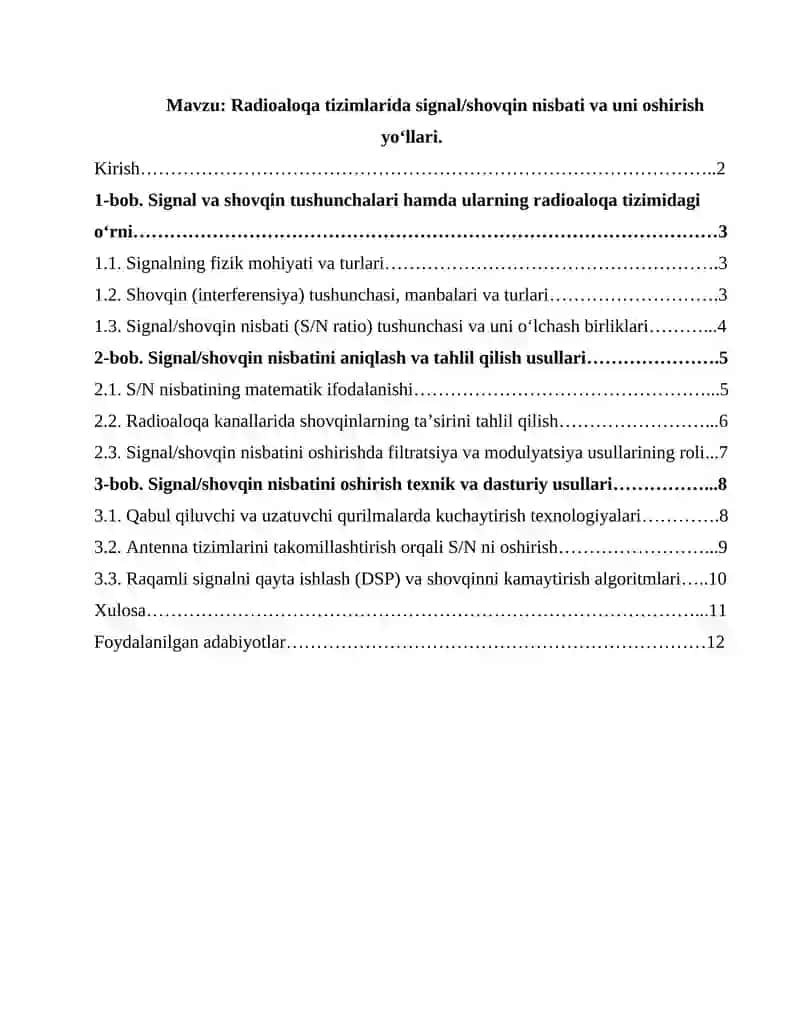 Radioaloqa tizimlarida signal shovqin nisbati