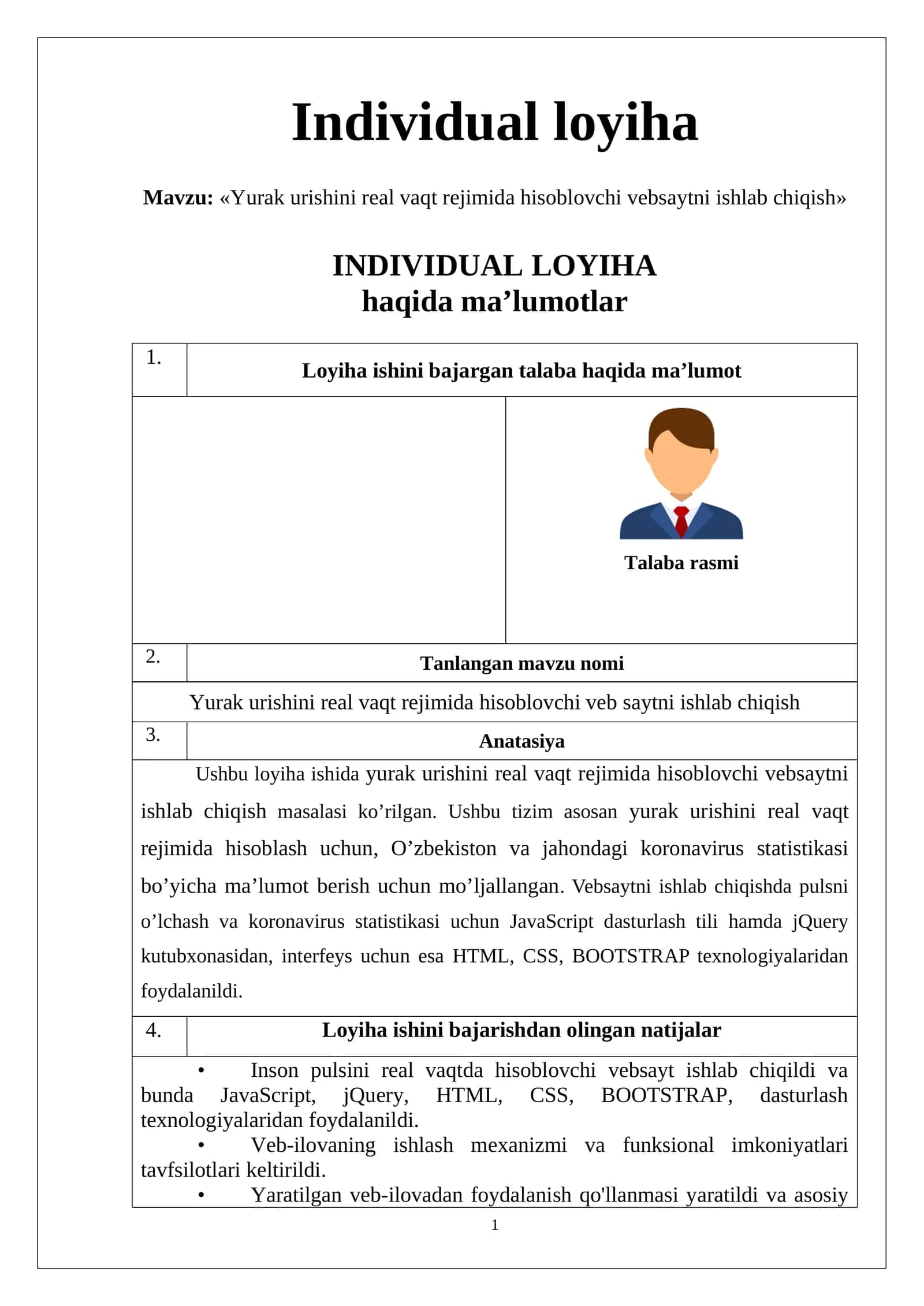 Yurak urishini real vaqt rejimida hisoblovchi vebsaytni ishlab chiqish 1