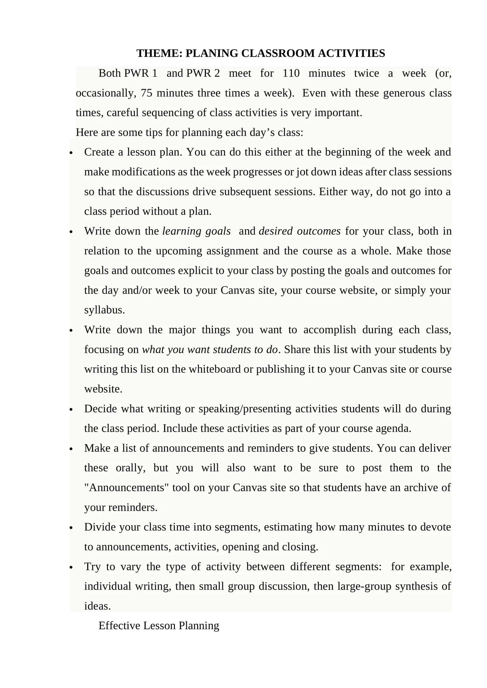 Planning Classroom Activities 1