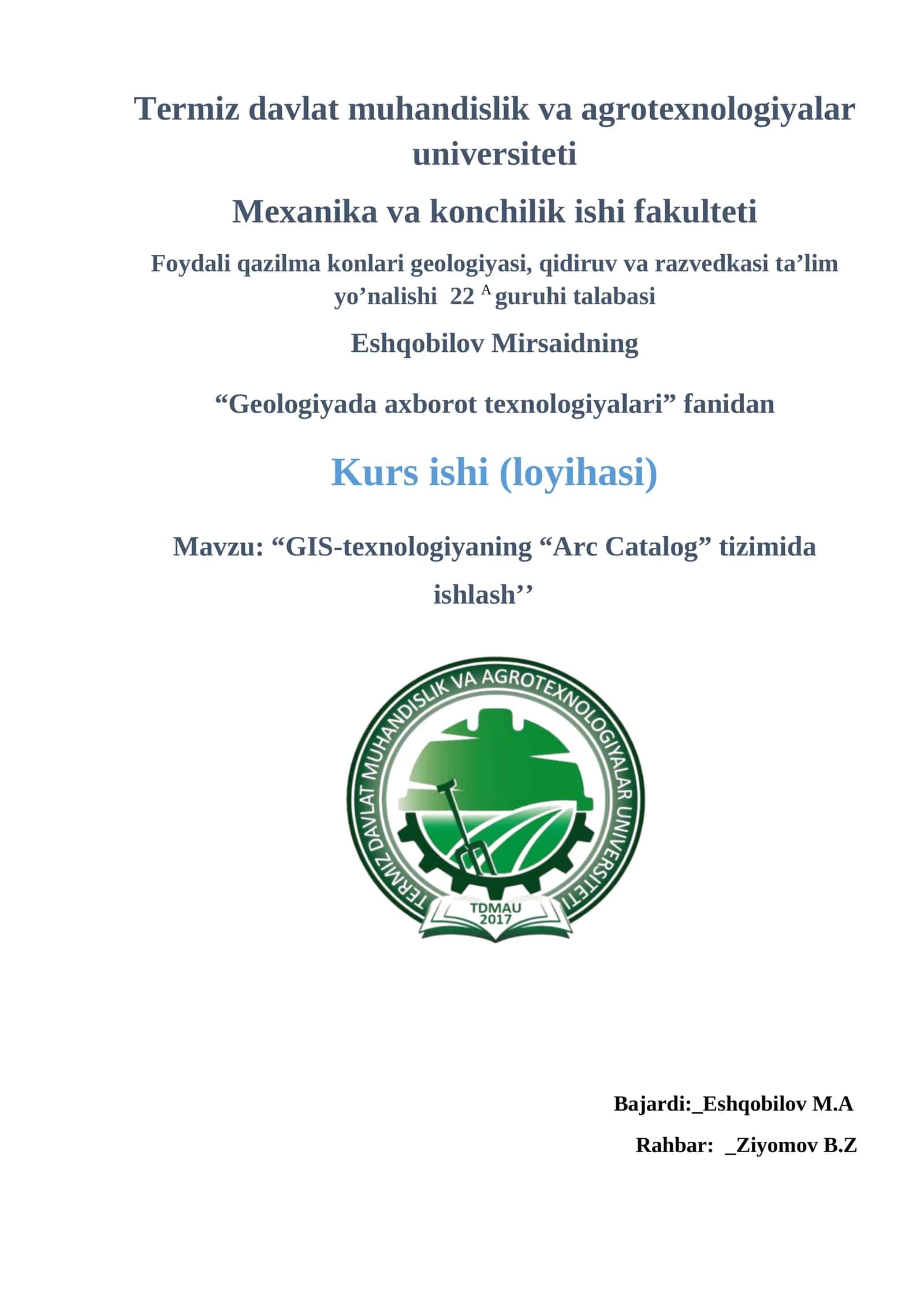 GIS-texnologiyaning “Arc Catalog” tizimida ishlash 1
