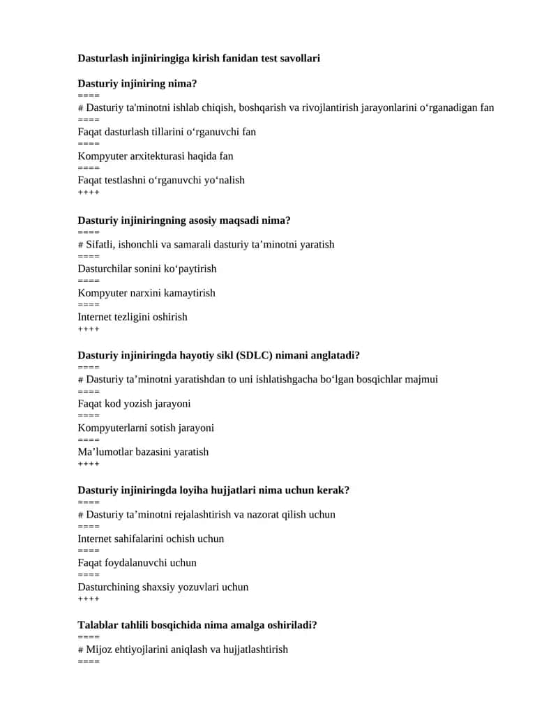 Dasturlash injiniringiga kirish fanidan test savollari 1