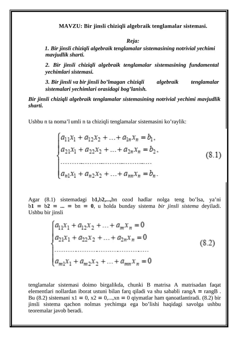 Bir jinsli chiziqli algebraik tenglamalar sistemasi. 1