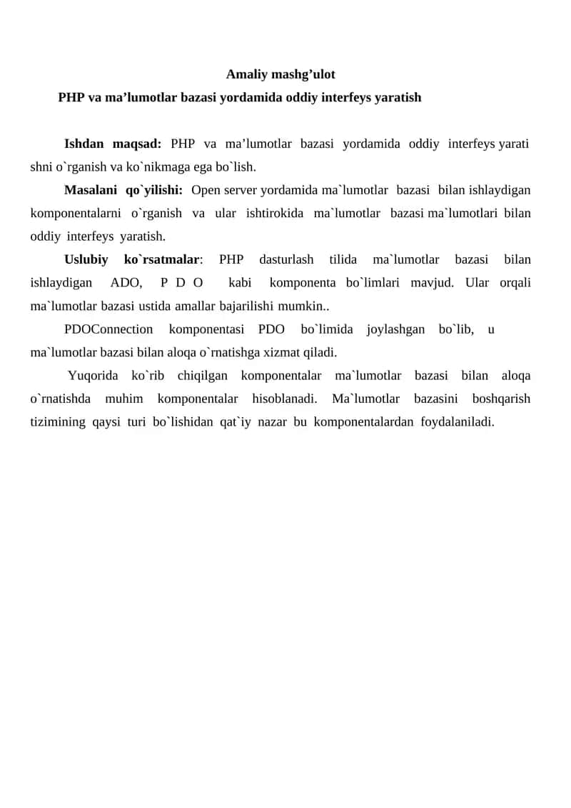 PHP va ma’lumotlar bazasi yordamida oddiy interfeys yaratish 1