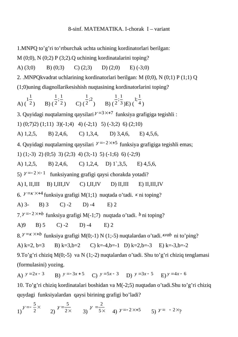 8-sinf. MATEMATIKA. I-chorak I – variant 1
