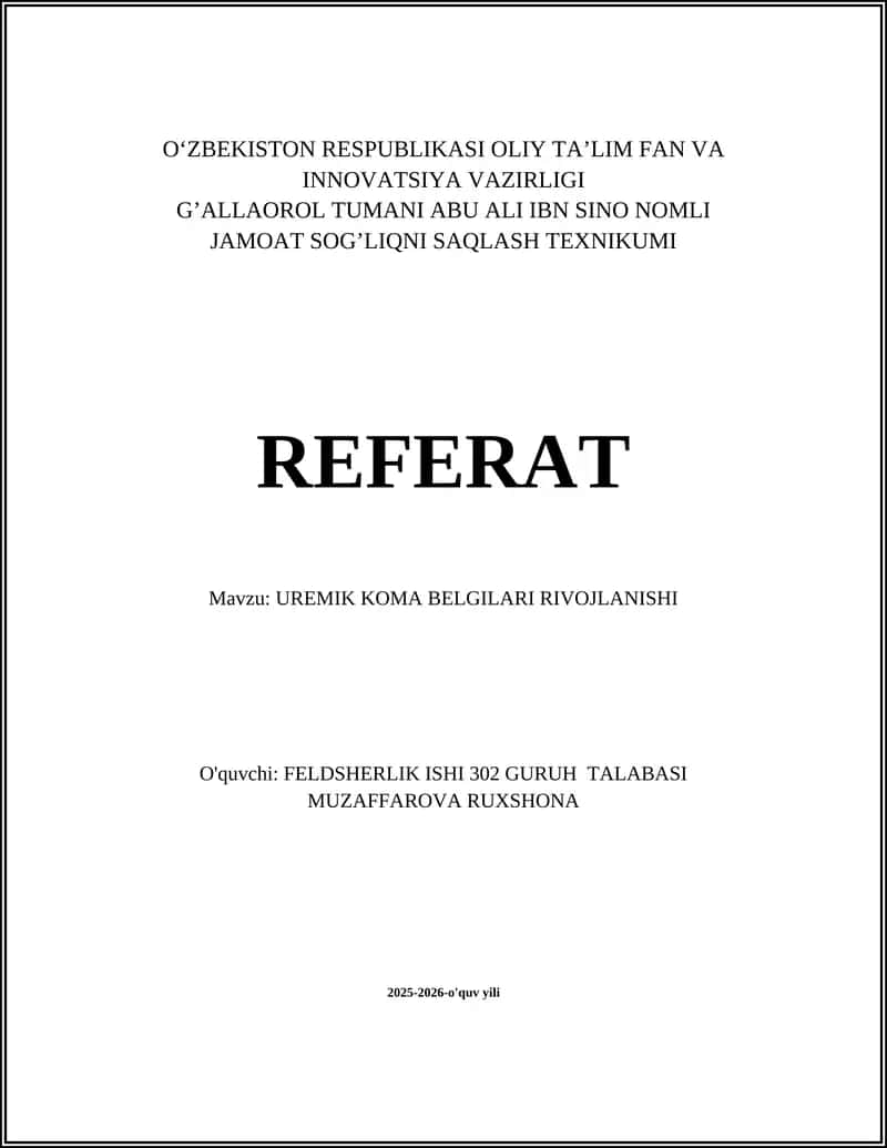 UREMIK KOMA BELGILARI RIVOJLANISHI 1