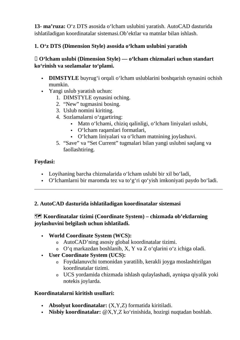 O‘z DTS (Dimension Style) asosida o‘lcham uslubini yaratish 1