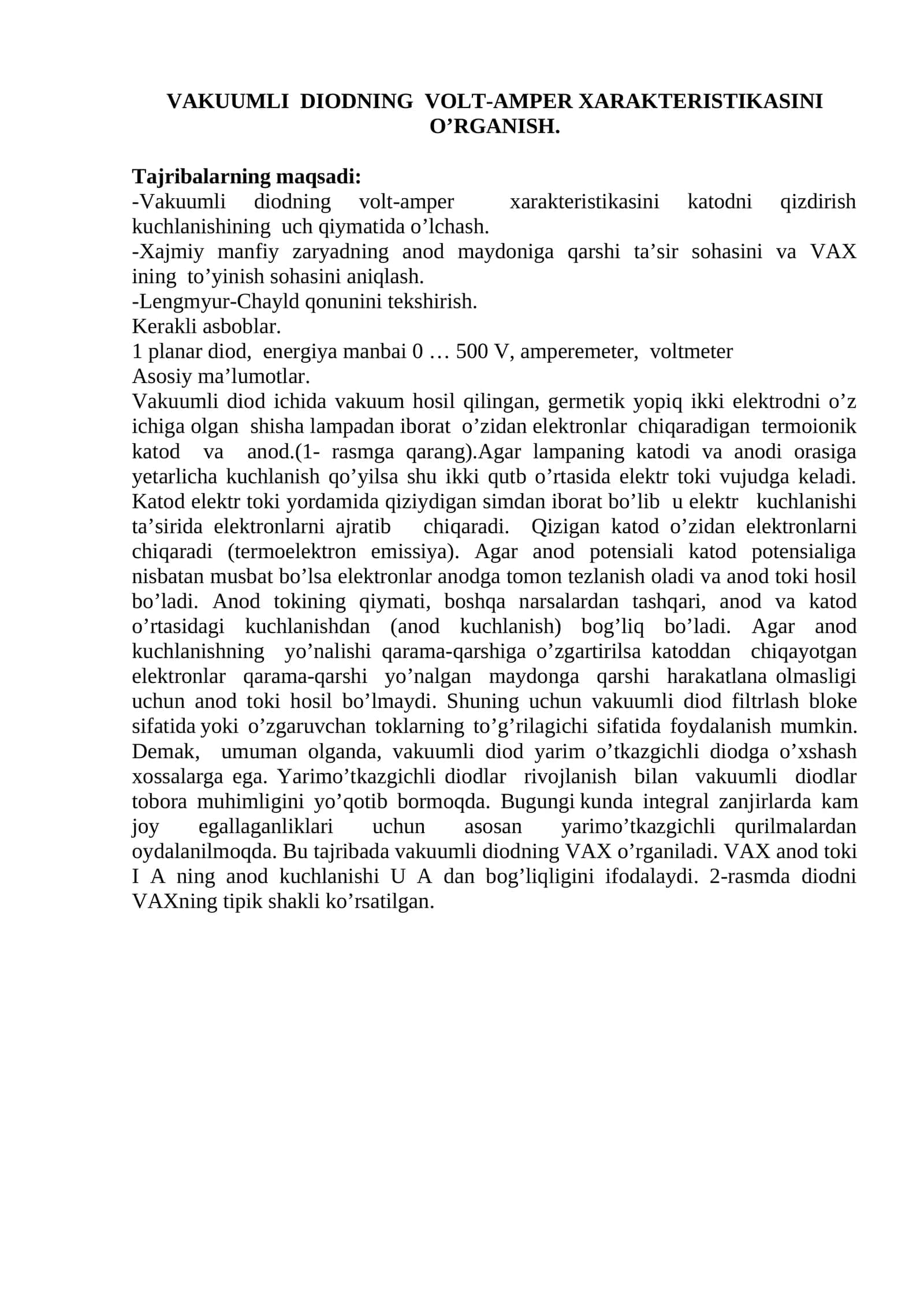 VAKUUMLI DIODNING VOLT-AMPER XARAKTERISTIKASINI O’RGANISH 1
