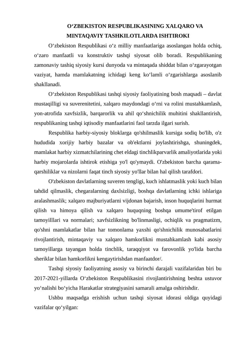 Oʻzbekiston RESPUBLIKASINING XALQARO VA MINTAQAVIY TASHKILOTLARDA ISHTIROKI 1