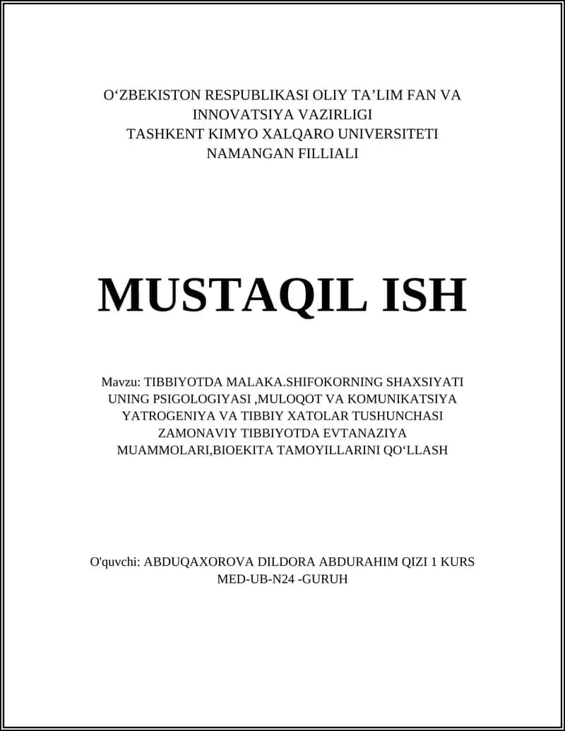 TIBBIYOTDA MALAKA.SHIFOKORNING SHAXSIYATI 1