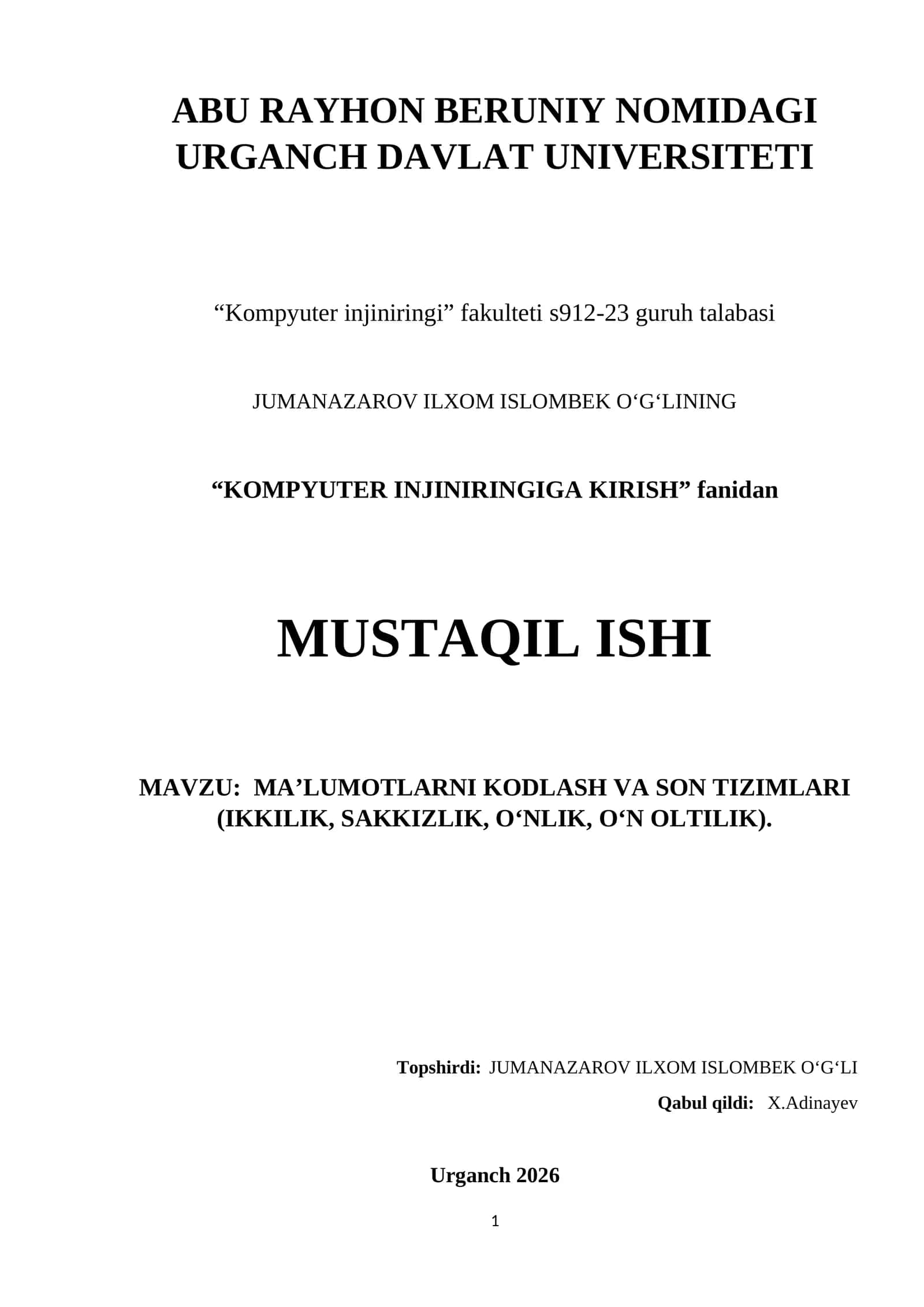 Ma’lumotlarni Kodlash va Son Tizimlari 1