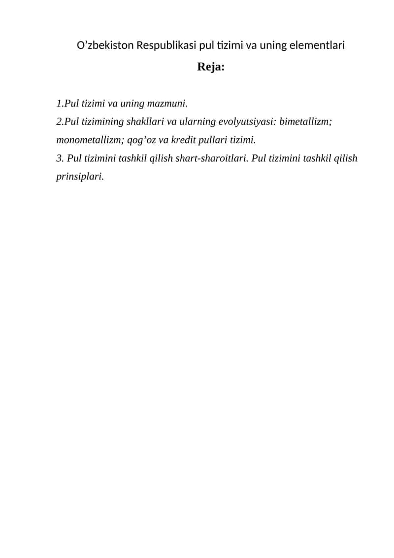 O’zbekiston Respublikasi pul tizimi va uning elementlari 1