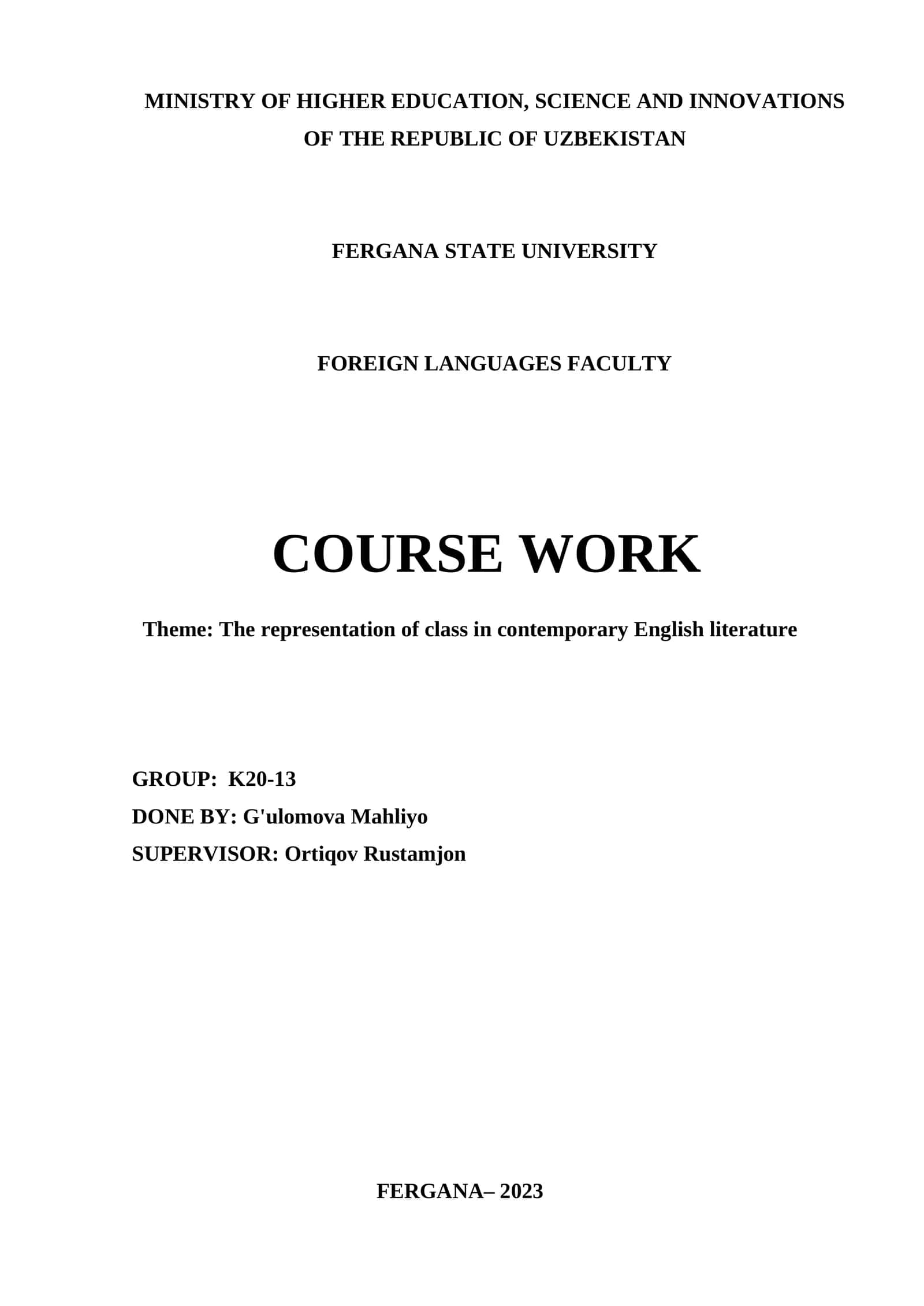 Course Work on The Representation of Class in Contemporary English Literature 1