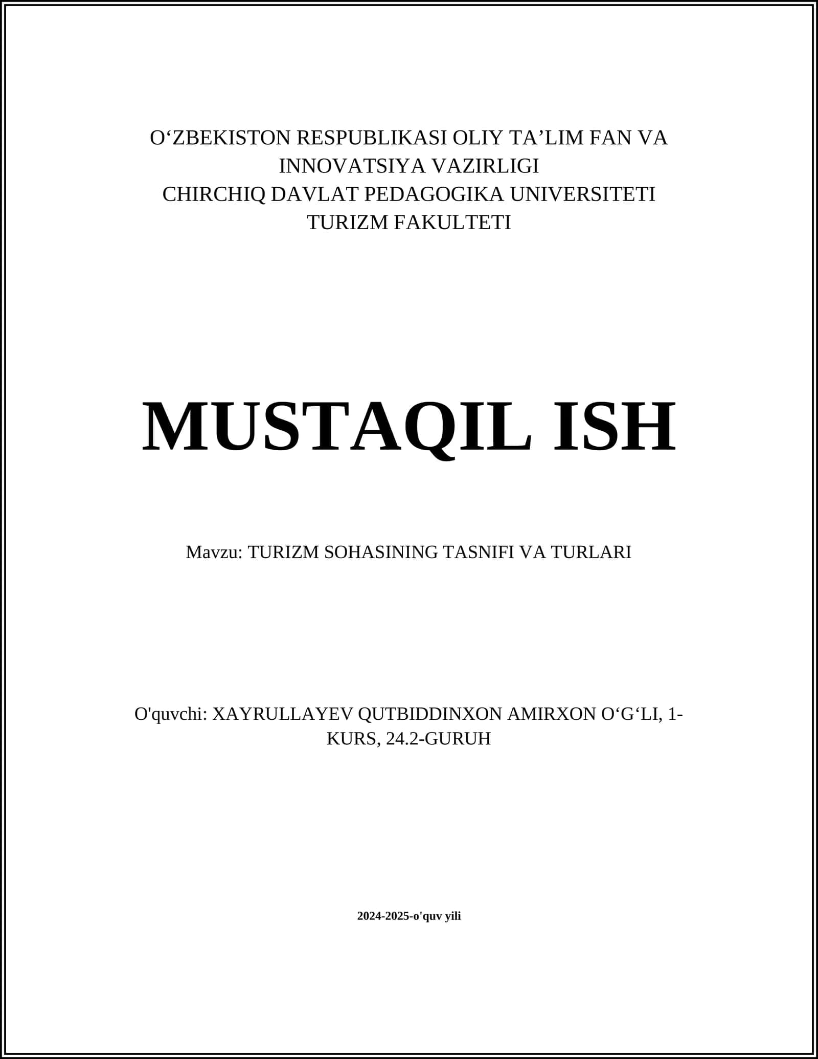 TURIZM SOHASINING TASNIFI VA TURLARI 1