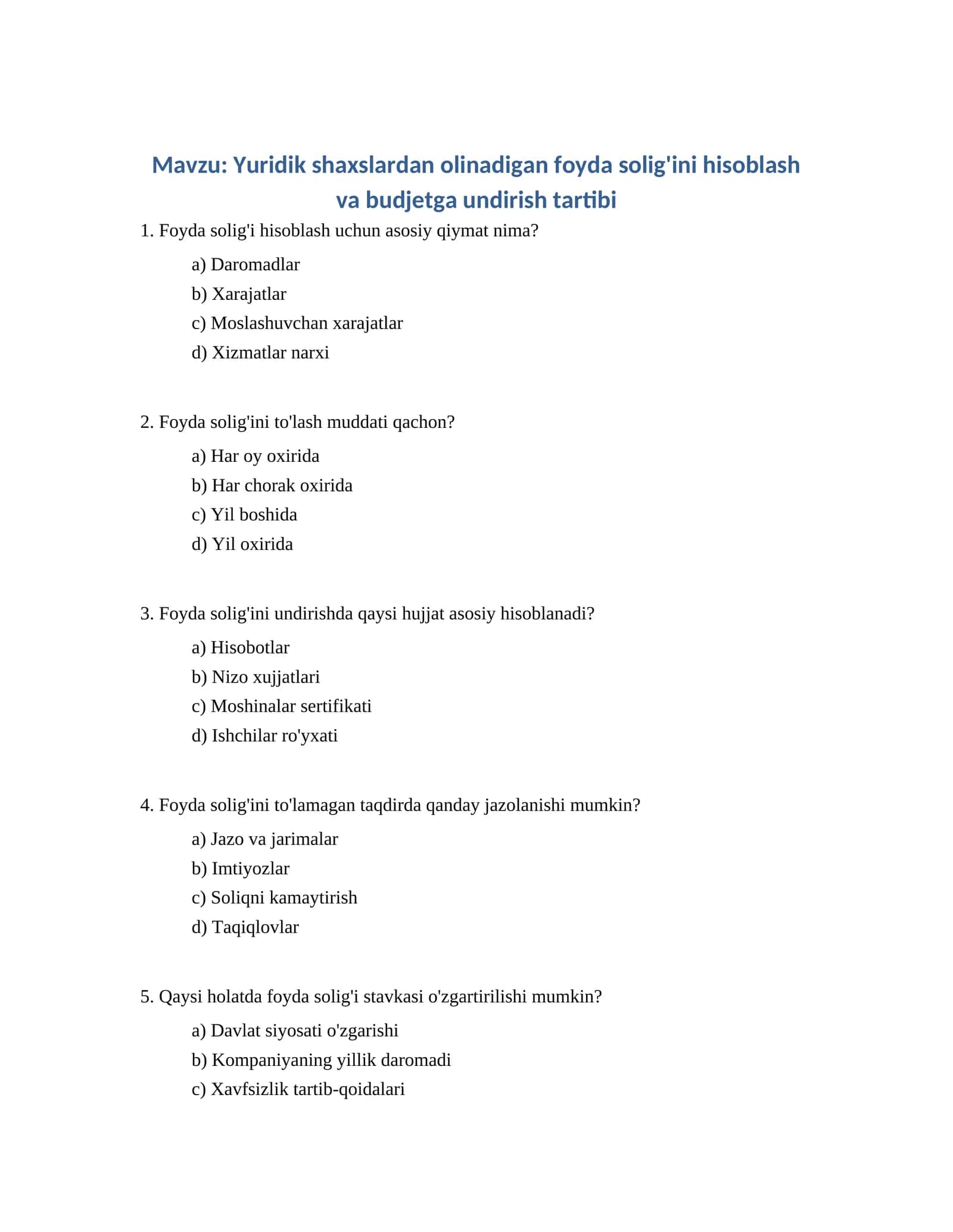 Yuridik shaxslardan olinadigan foyda solig'ini hisoblash va budjetga undirish tartibi 1