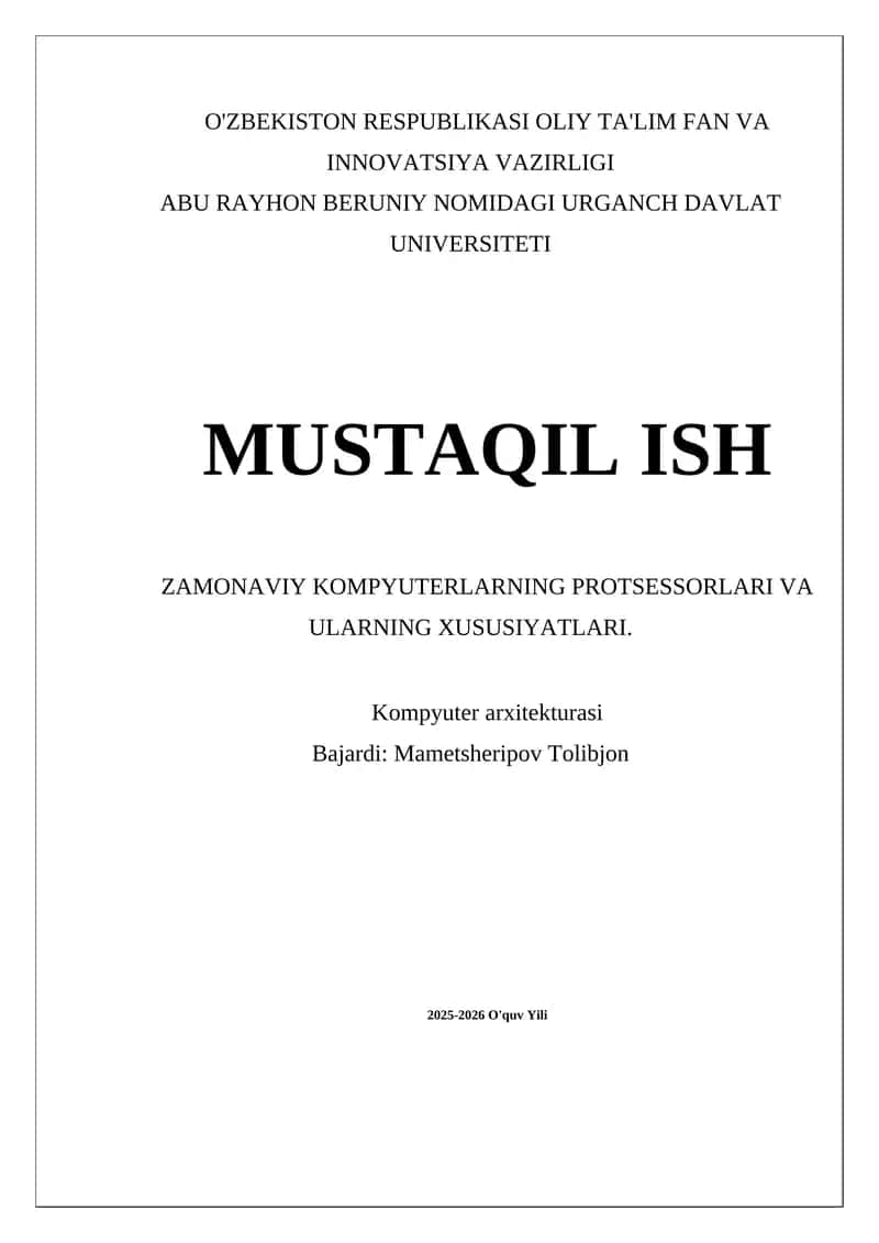 Zamonaviy protsessorlar mustaqil ish 1