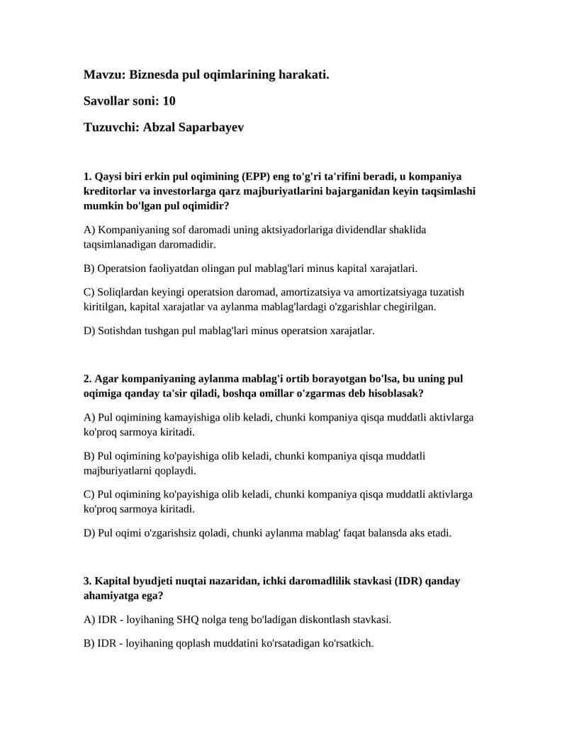 Biznesda pul oqimlarining harakati 1