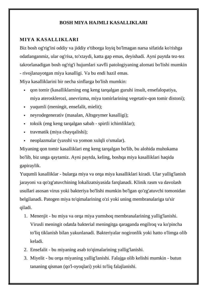 BOSH MIYA HAJMLI KASALLIKLARI 1