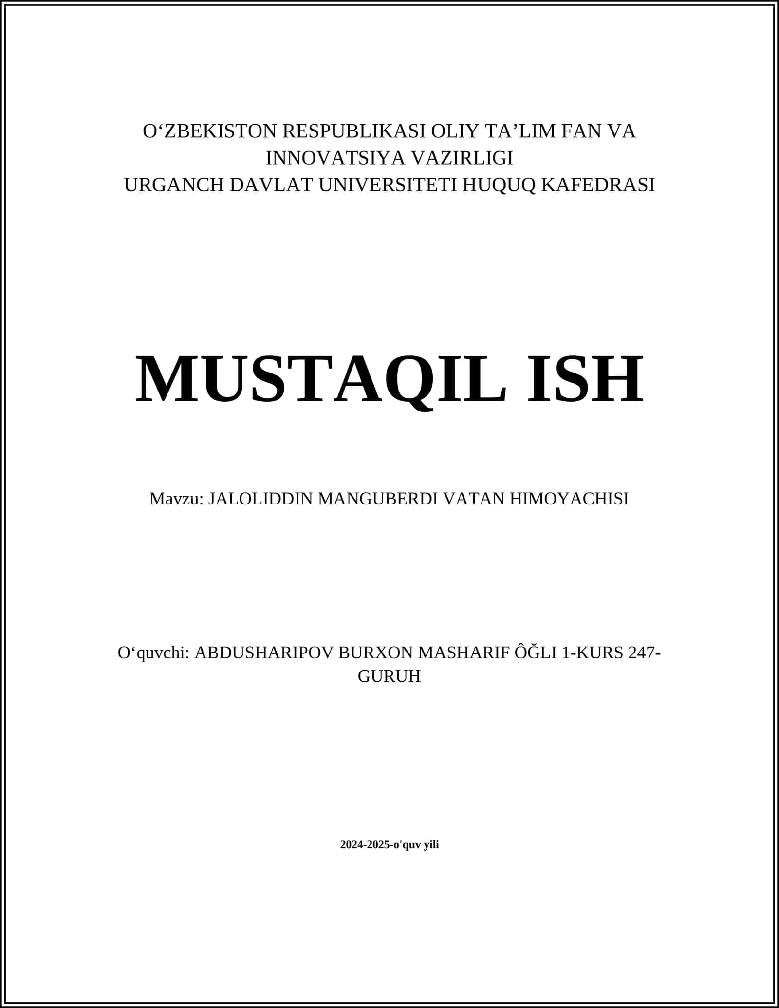 JALOLIDDIN MANGUBERDI VATAN HIMOYACHISI 1