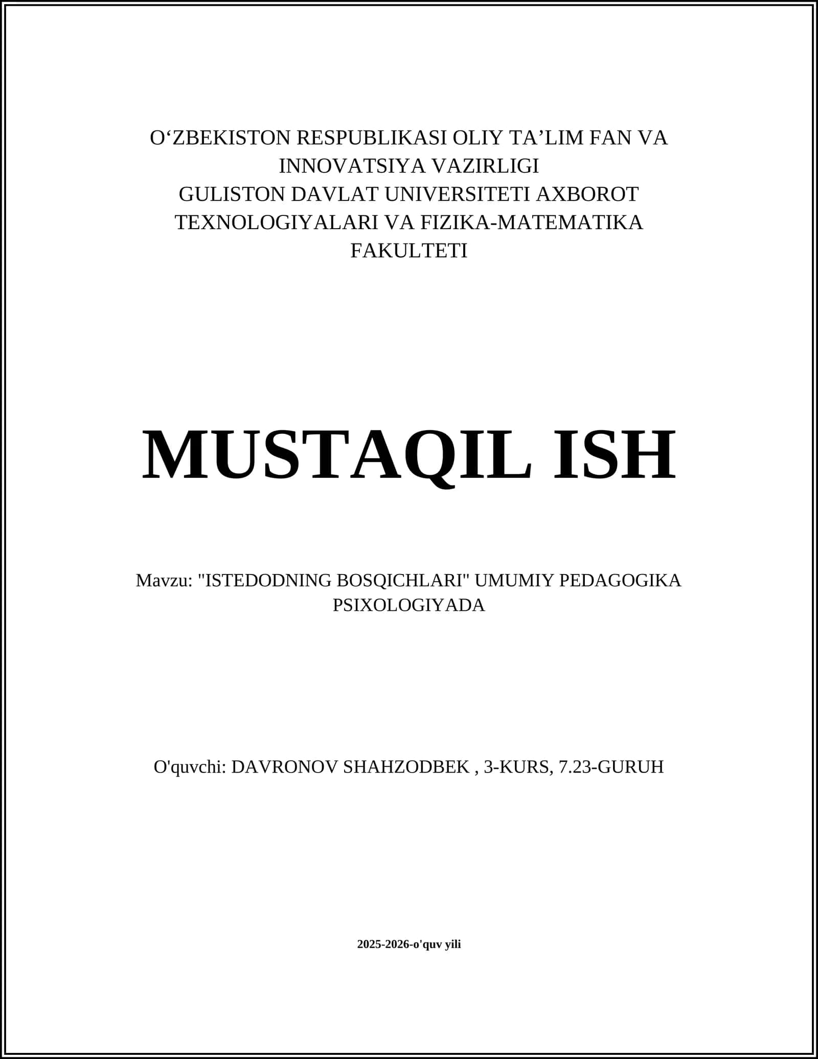 "ISTEDODNING BOSQICHLARI" UMUMIY PEDAGOGIKA PSIXOLOGIYADA 1