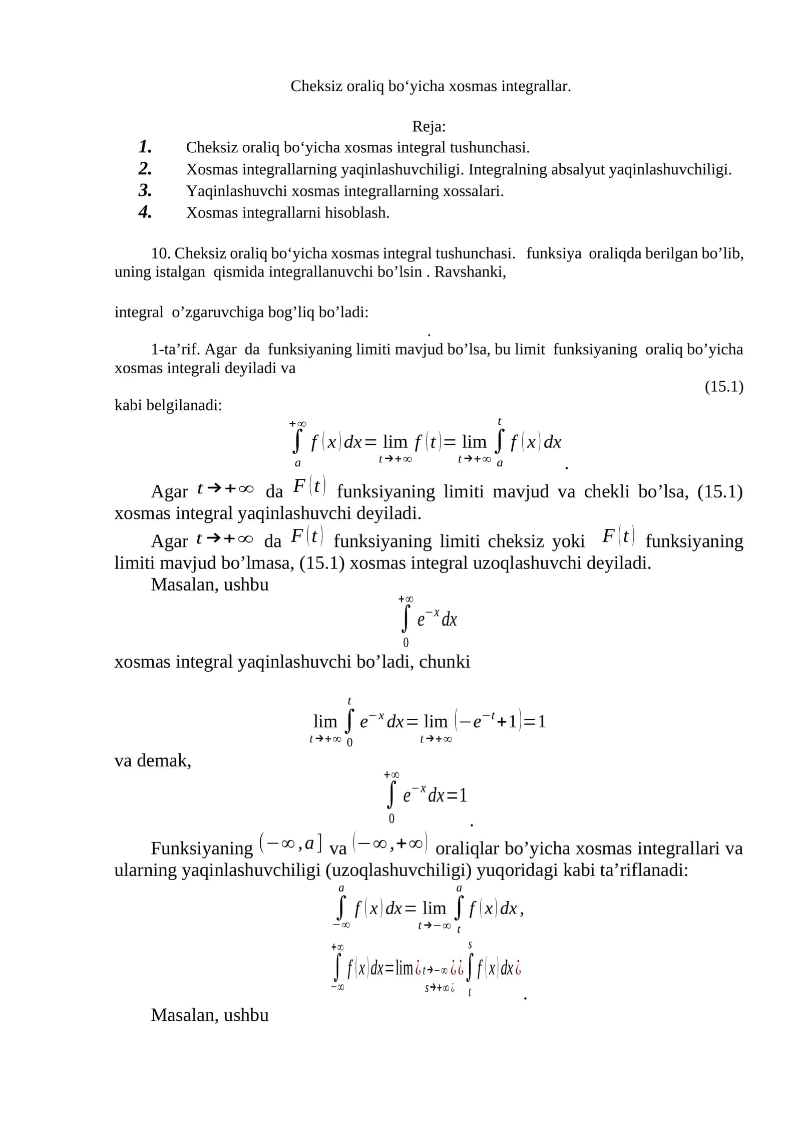 Cheksiz oraliq bo‘yicha xosmas integrallar 1