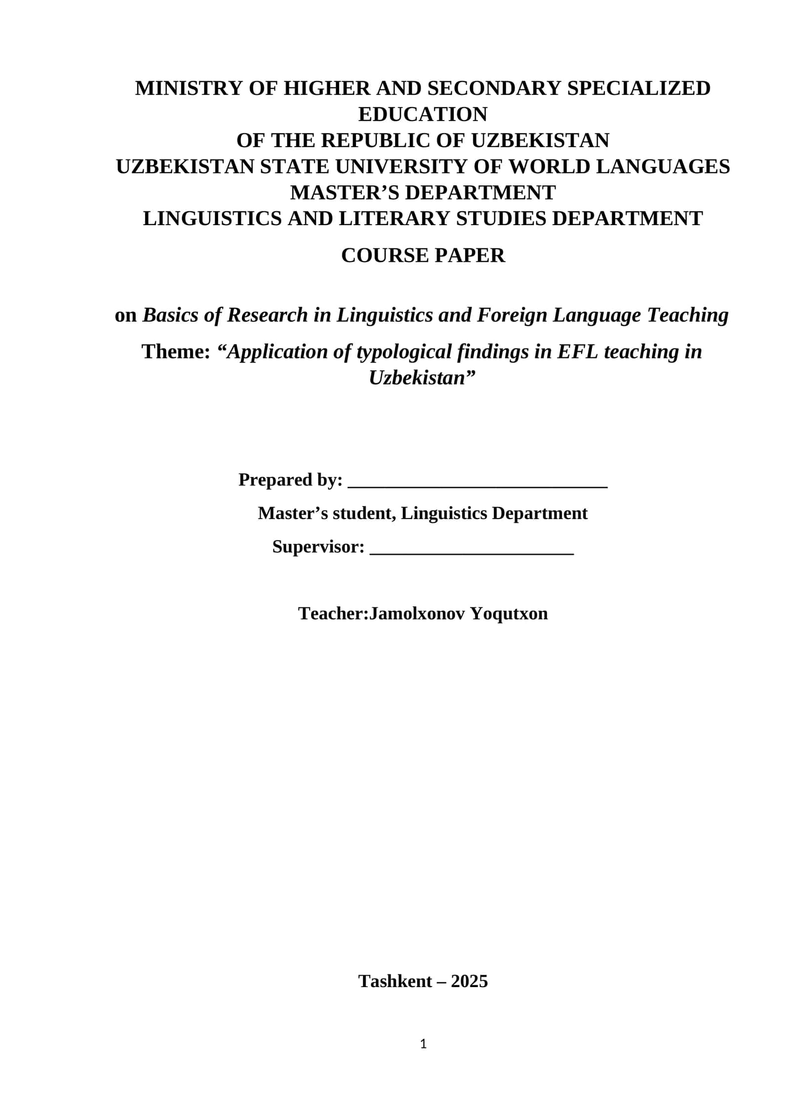 Course Paper on Basics of Research in Linguistics and Foreign Language Teaching 1