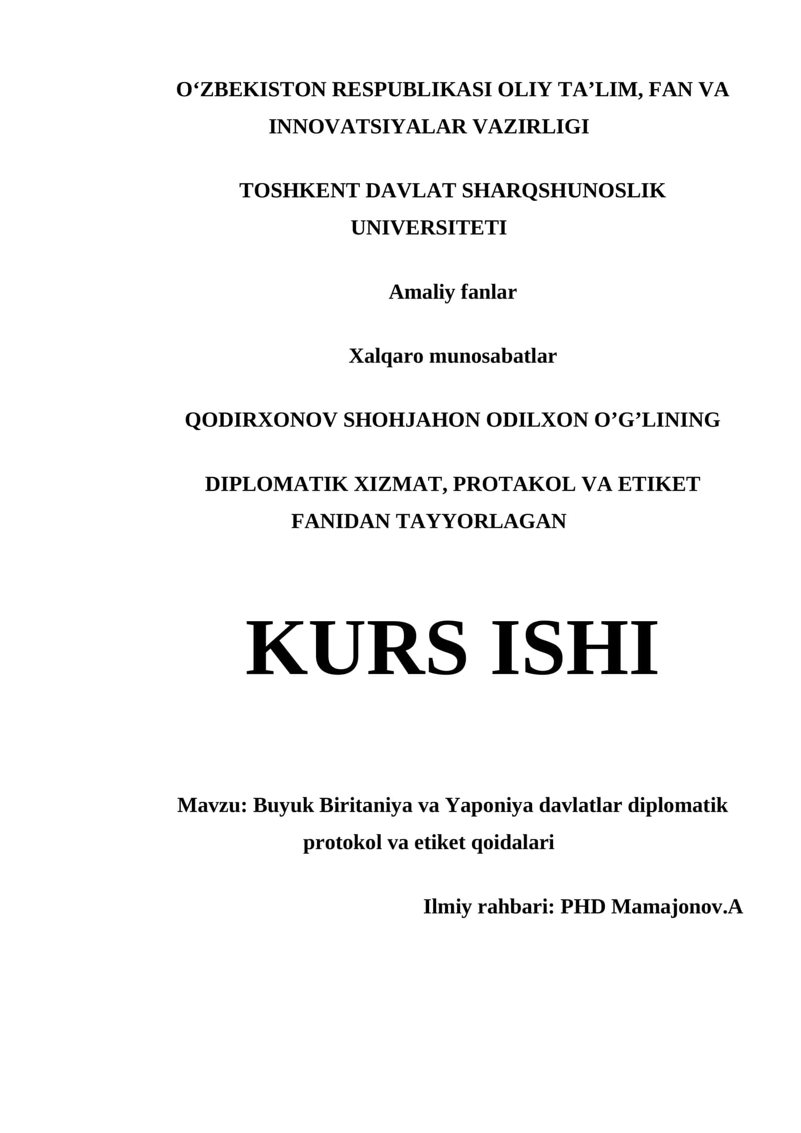 Diplomatik Xizmat, Protokol va Etiket Kurs ishi 1