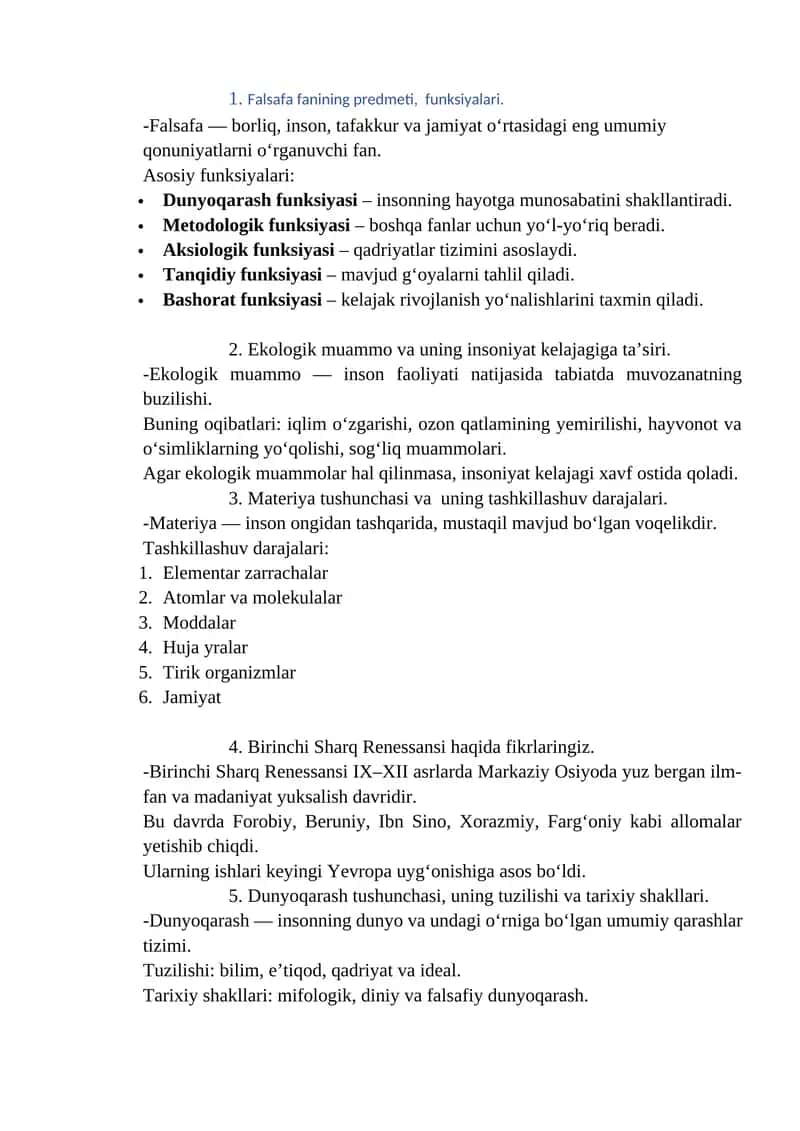 Falsafa fanining predmeti, funksiyalari 1