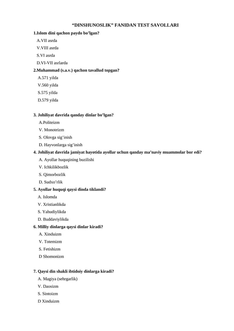 "DINSHUNOSLIK" FANIDAN TEST SAVOLLARI 1