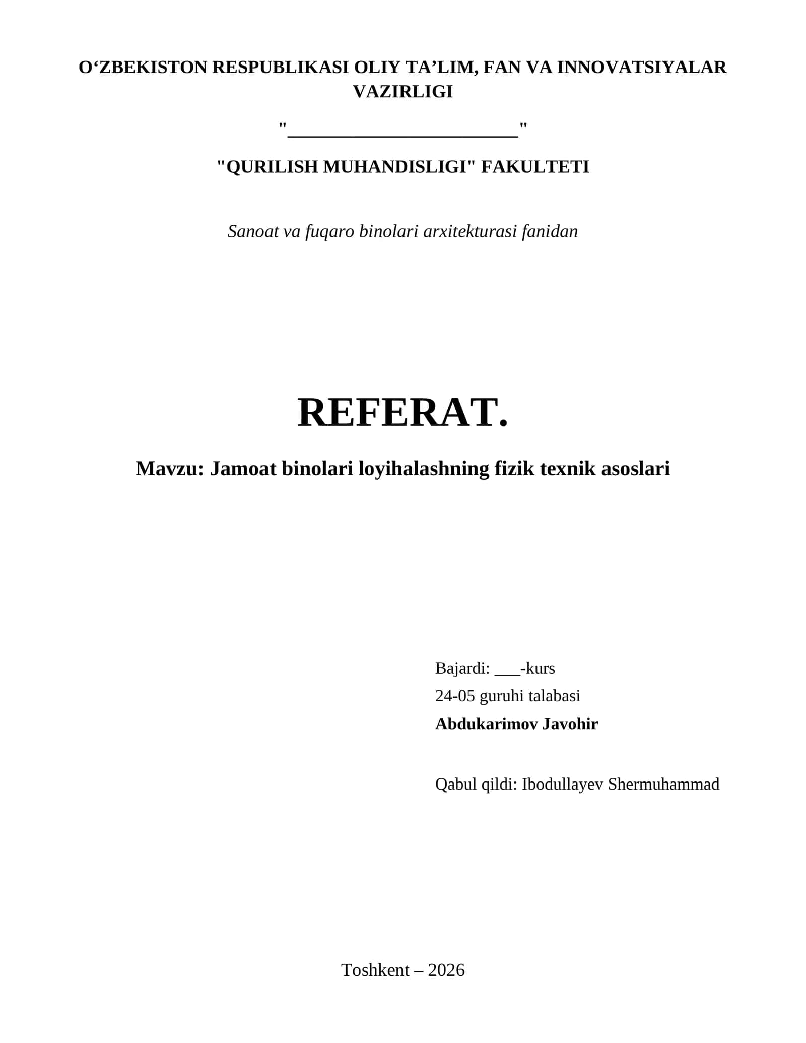 Jamoat binolari loyihalashning fizik texnik asoslari 1