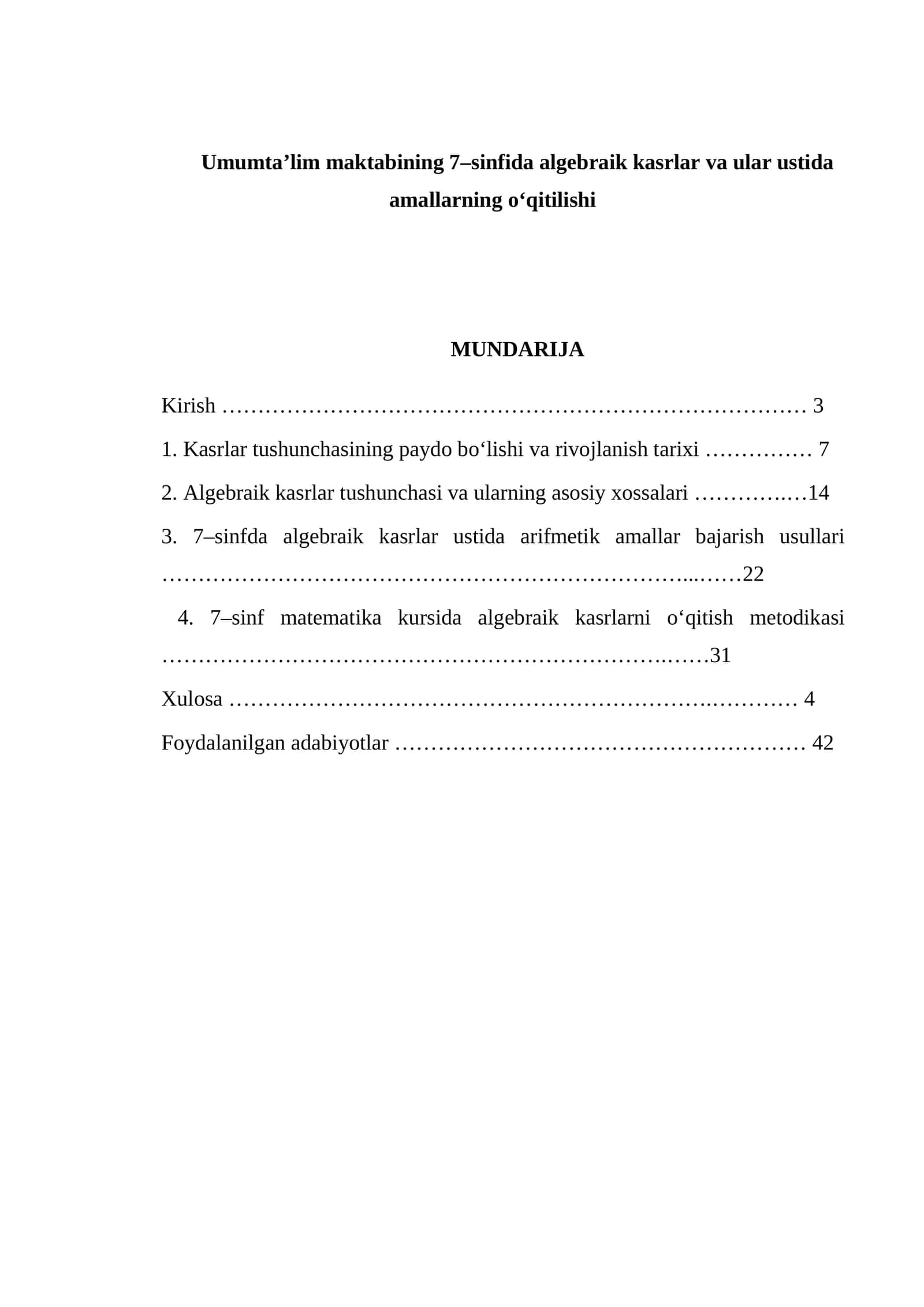 Umumta’lim maktabining 7–sinfida algebraik kasrlar va ular ustida amallarning o‘qitilishi 1
