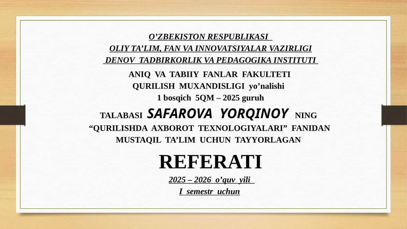 QURILISHDA  AXBOROT  TEXNOLOGIYALARI 1