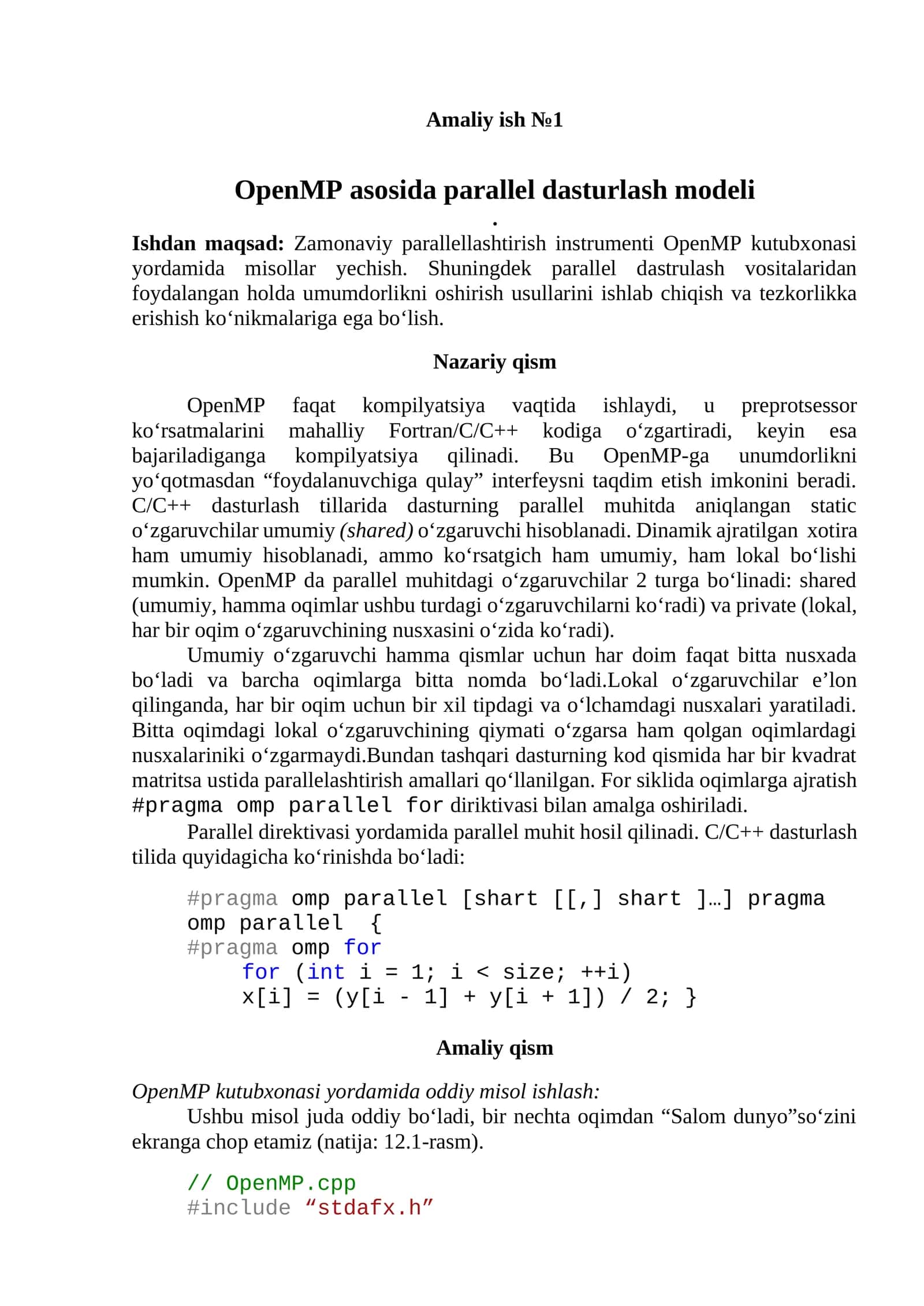 OpenMP asosida parallel dasturlash modeli 1