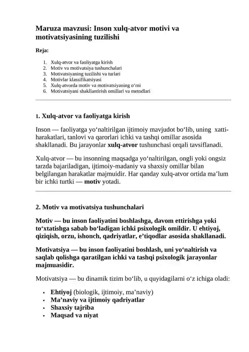 Inson xulq-atvor motivi va motivatsiyasining tuzilishi