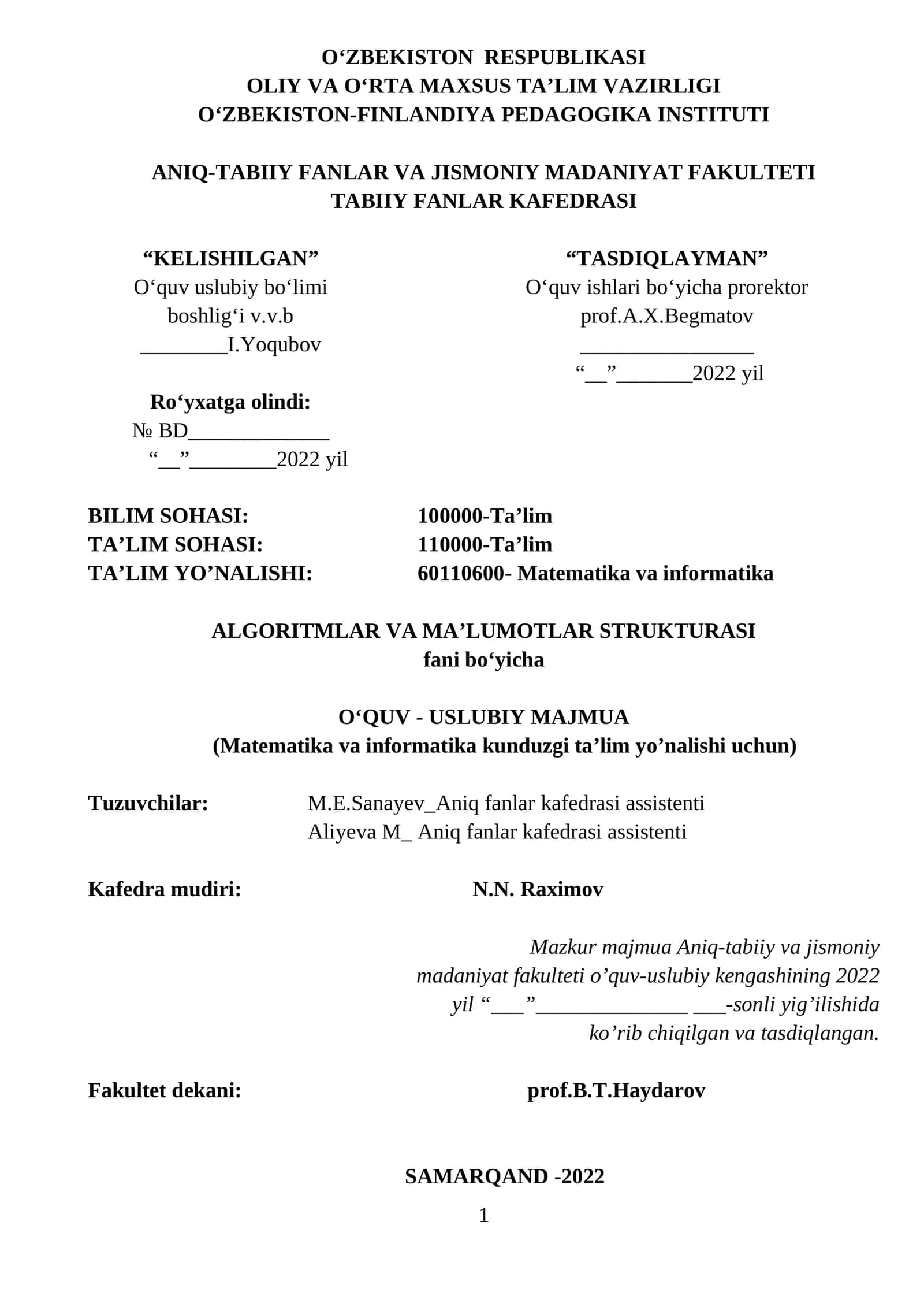 ALGORITMLAR VA MA’LUMOTLAR STRUKTURASI 1