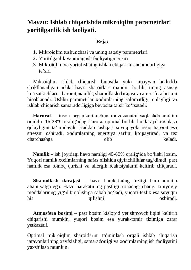 Ishlab chiqarishda mikroiqlim parametrlari yoritilganlik ish faoliyati. 1