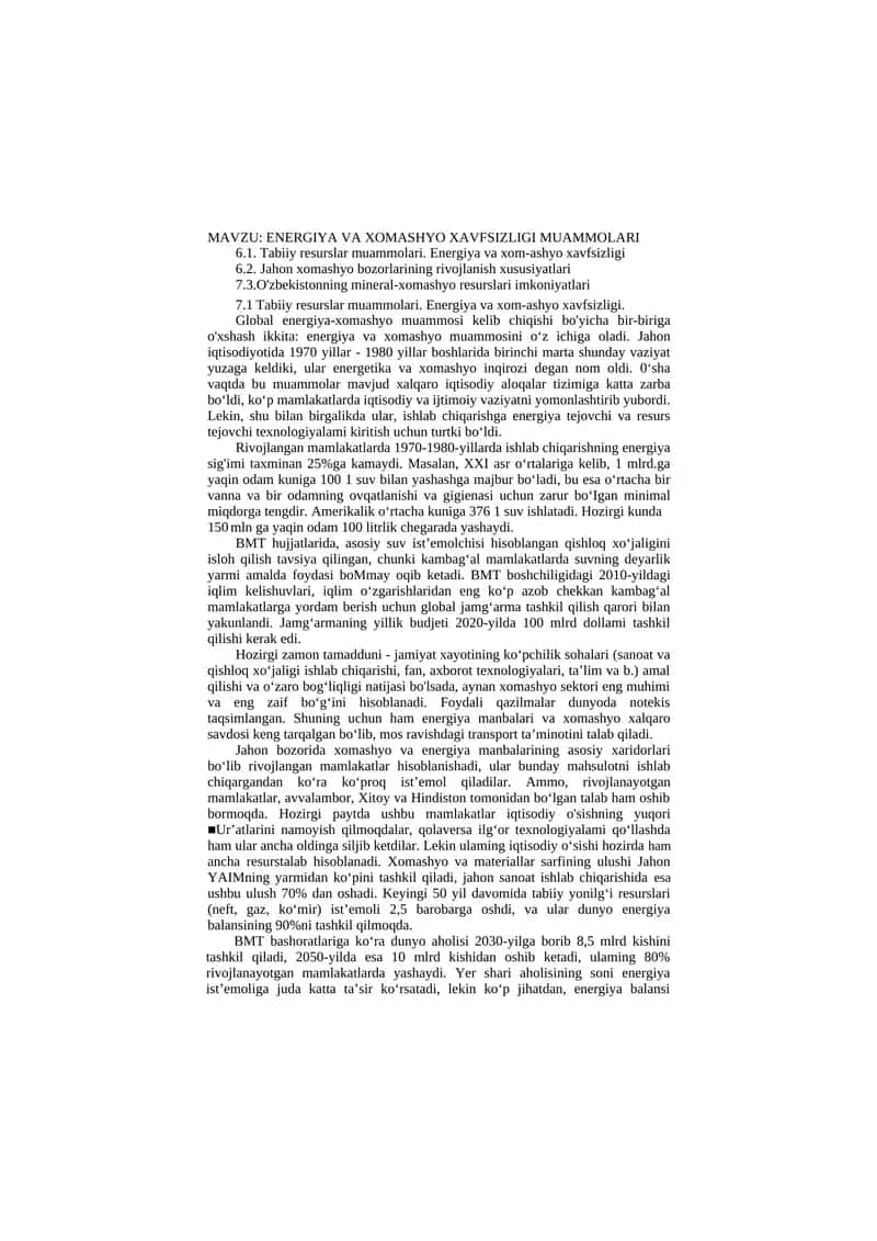 ENERGIYA VA XOMASHYO XAVFSIZLIGI MUAMMOLARI 1