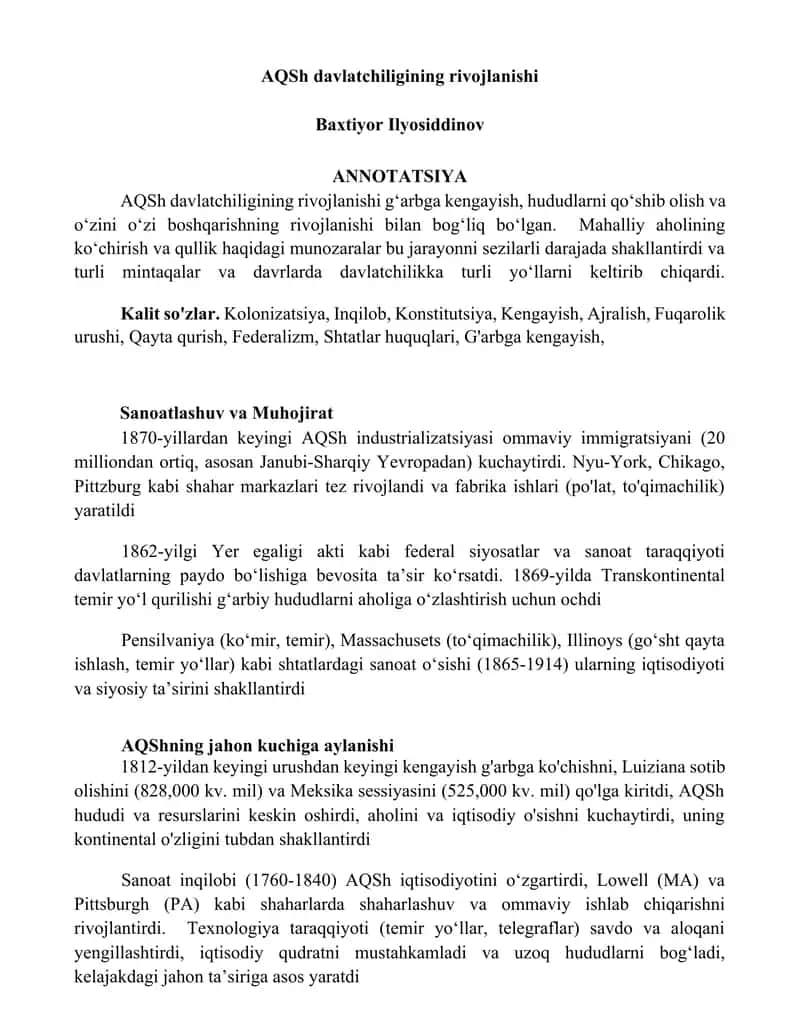 AQSh davlatchiligining rivojlanishi 1