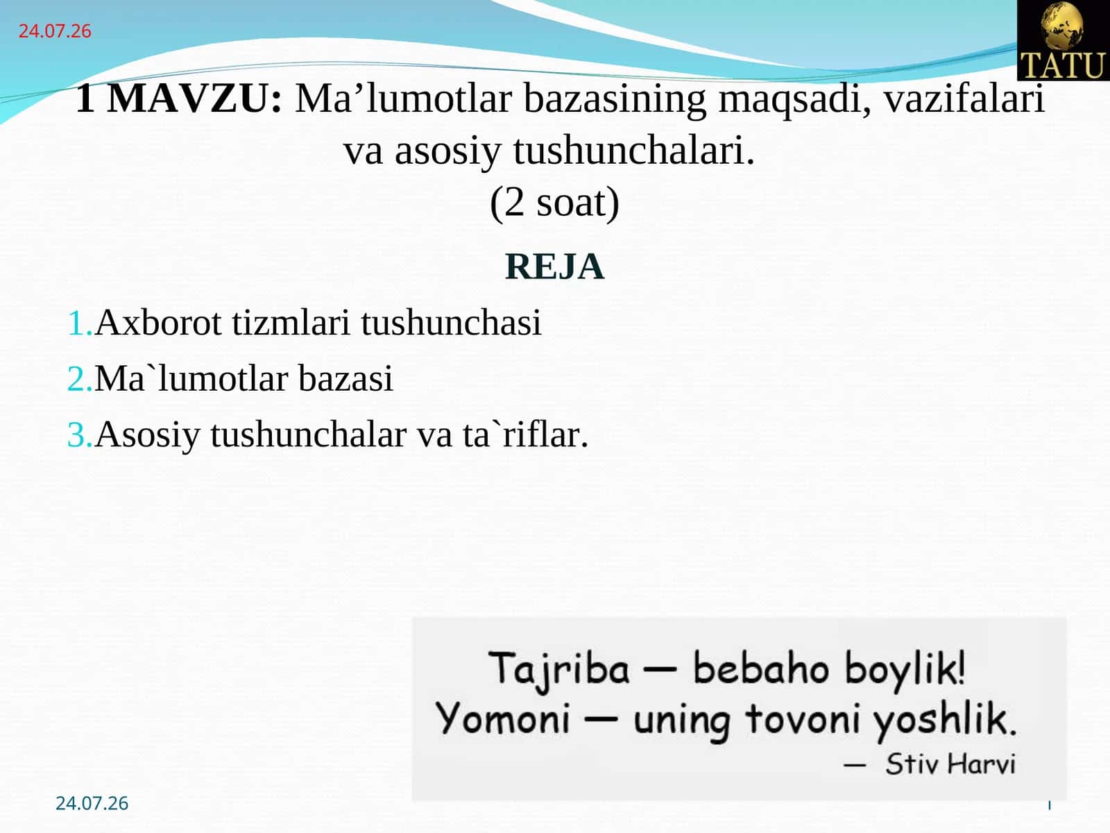 Ma’lumotlar bazasining maqsadi, vazifalari va asosiy tushunchalari 1