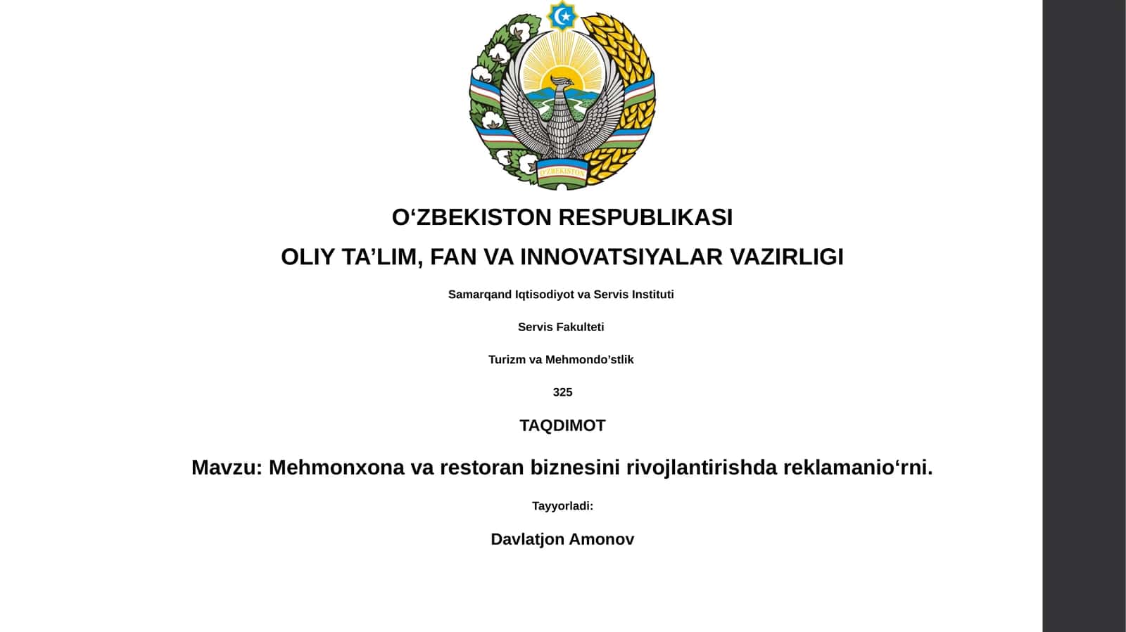 Mehmonxona va restoran biznesini rivojlantirishda reklamanio‘rni 1