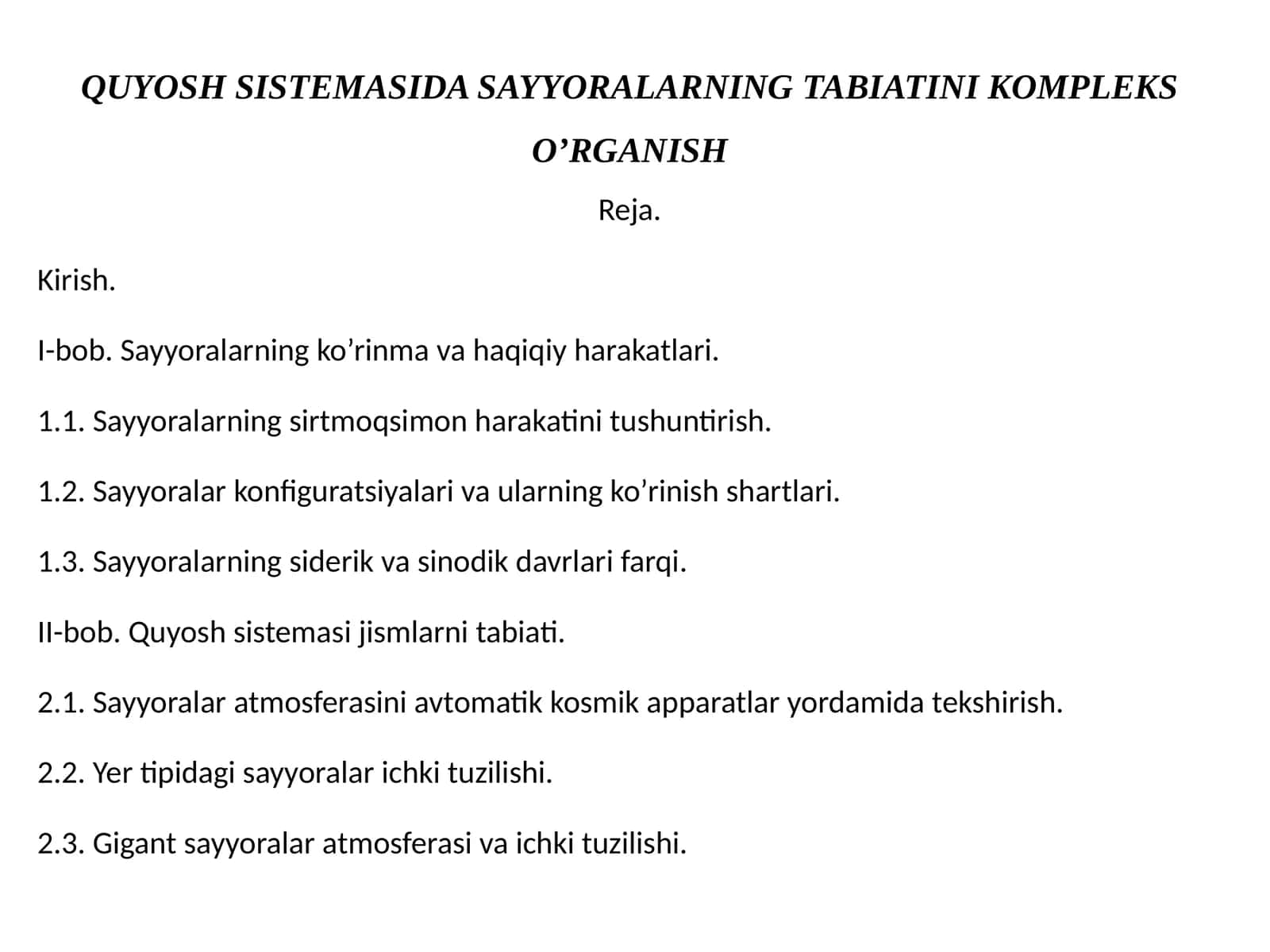 QUYOSH SISTEMASIDA SAYYORALARNING TABIATINI KOMPLEKS O’RGANISH 1