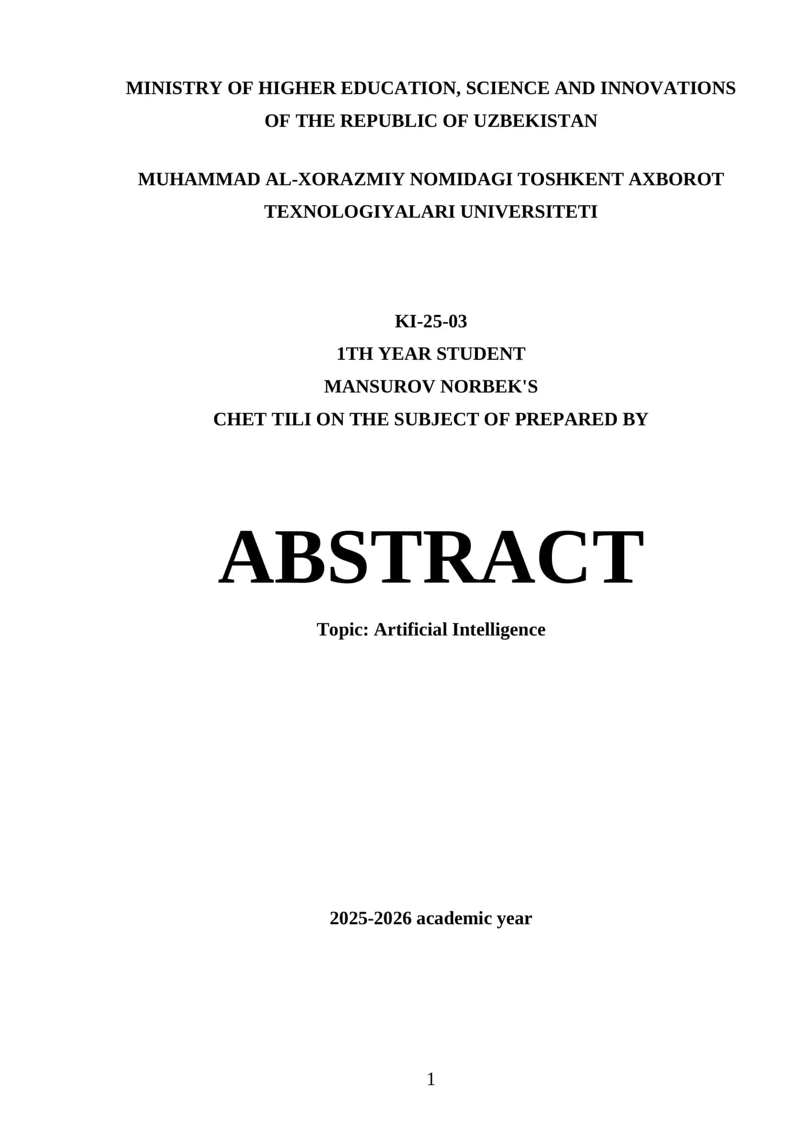 Topic: Artificial Intelligence 1