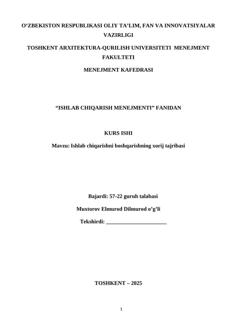 Ishlab chiqarish menejmenti kurs ishi 1